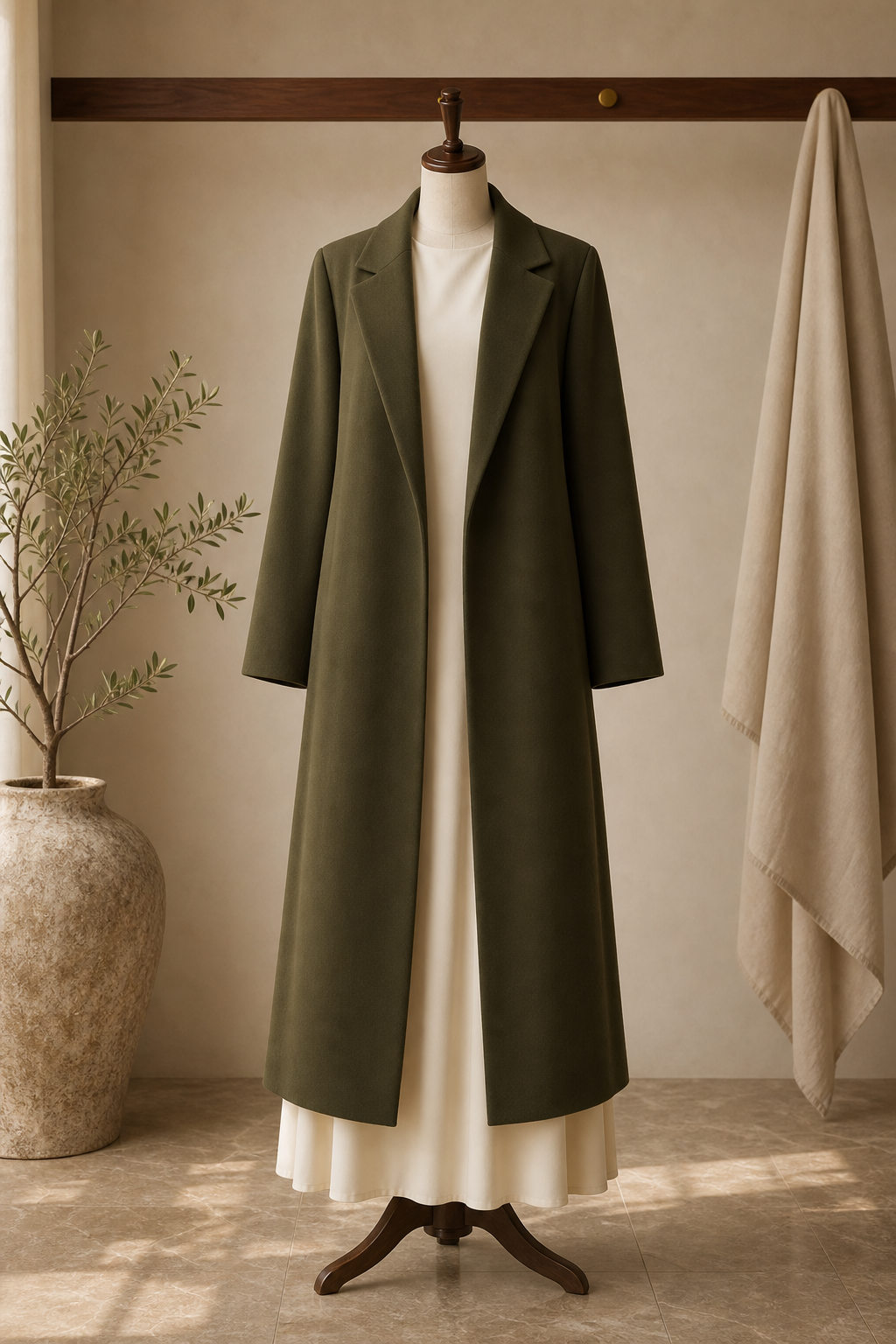 Deep olive tailored long overlayer styled over a cream dress on a mannequin.