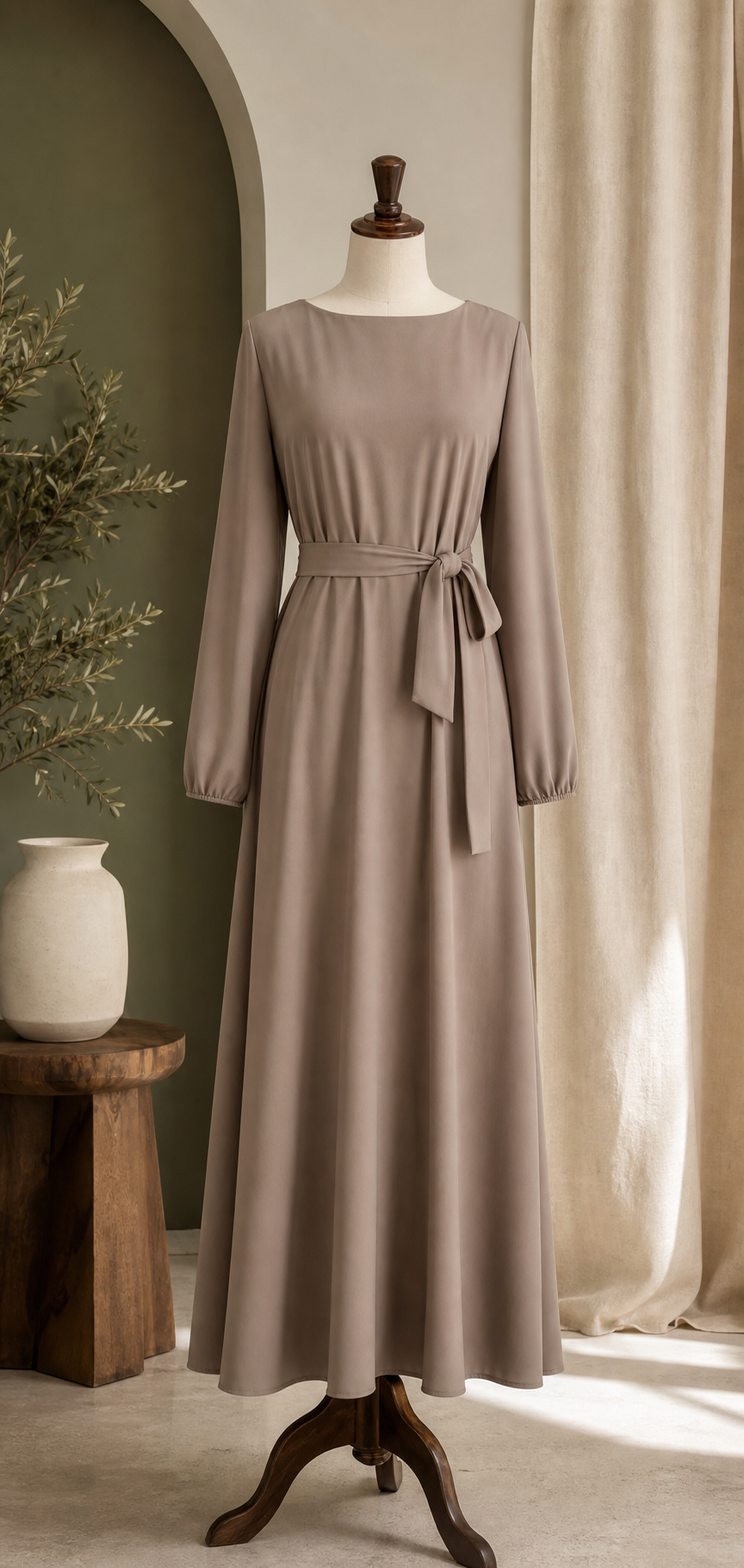 Taupe modest belted maxi dress on a mannequin beside olive and linen decor.